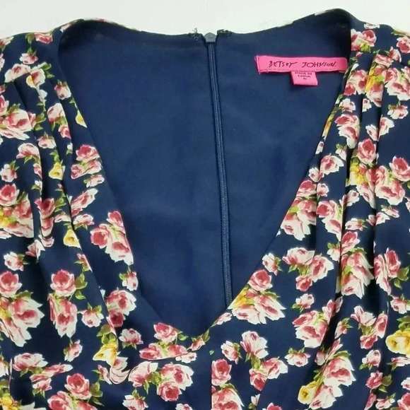 Betsy Johnson Size 6 Blue Pink Floral Ruffle Built in Belt/Tie Back Zip Romper - Picture 8 of 10